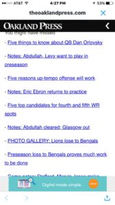 Screen shot of Lion's Beat writer Paula Pasche's list of previous article at the end of her article, "Five things to know about #Lions DE Brandon Copeland and the missing Pringles."