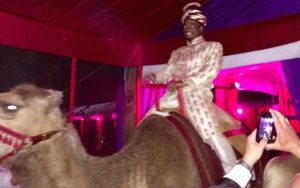 Adrian Peterson rides a camel at his birthday party. (Instagram)